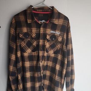 Santa Cruz Skateboards Men's Black and Tan Checkered Shirt